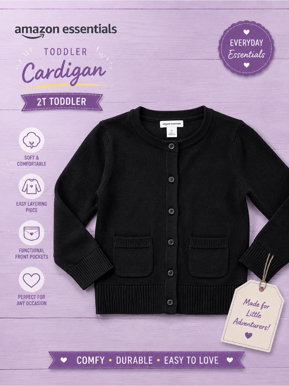 Amazon Essentials Black Cardigan Toddler Girls 2T Button Front Sweater